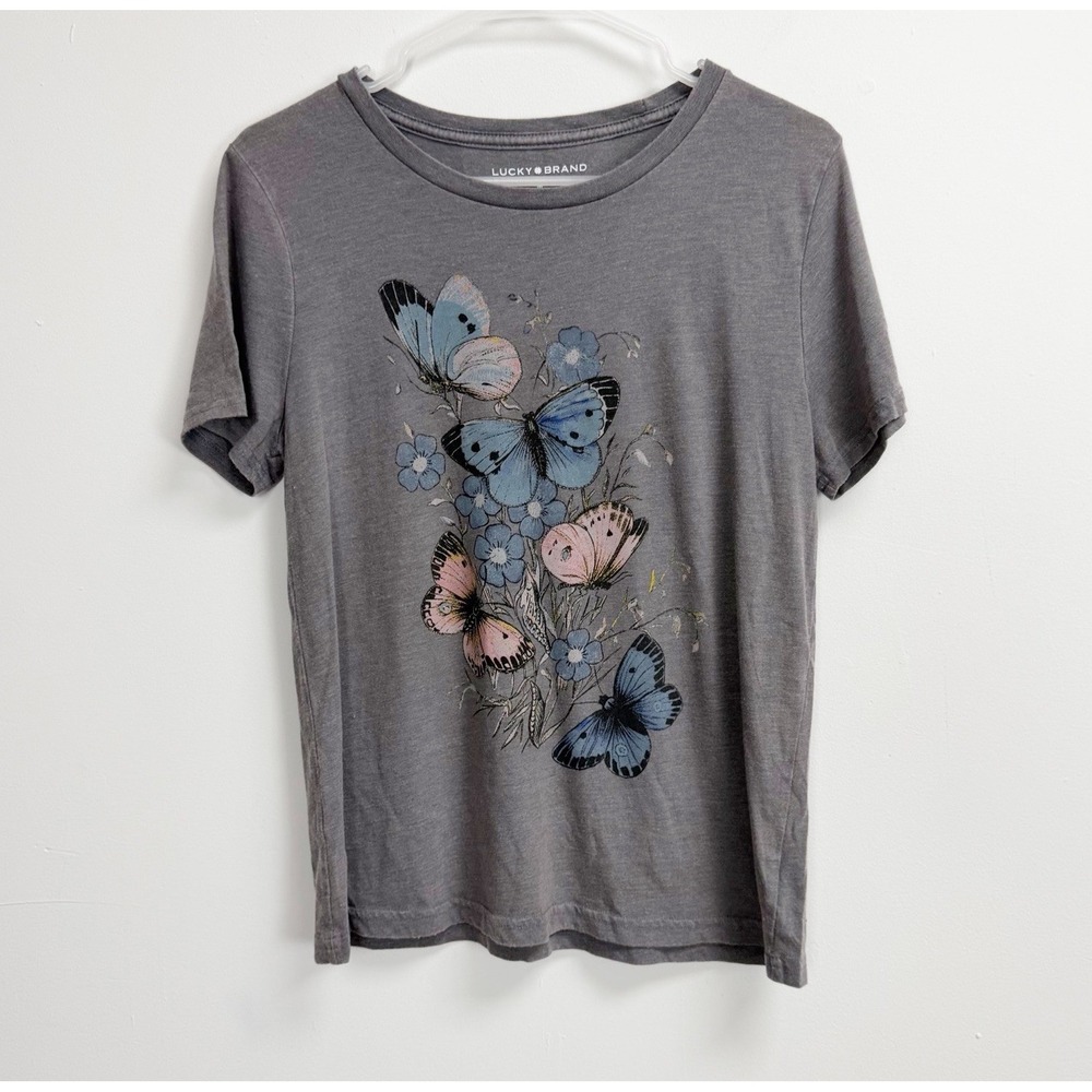 Lucky Brand Shirt Womens Medium Gray Butterflies Graphic Tee Top Cotton Blend